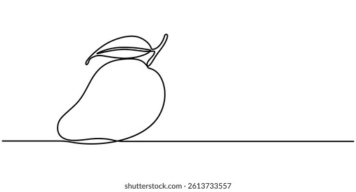 Mango vector illustration. One line drawing art illustration with organic mango, Continuous one line drawing of mango fruit with leaf. Mango fruit hand drawn single line art pro vector illustration.