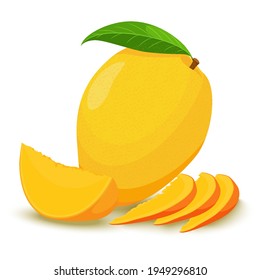 Mango. Vector illustration of Ripe fresh yellow mango with slices and leaves. Flat design