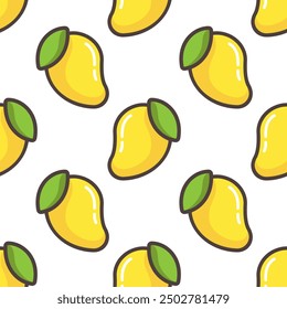 Mango vector seamless pattern. Yellow fruits and green leaves with black outline on white background.