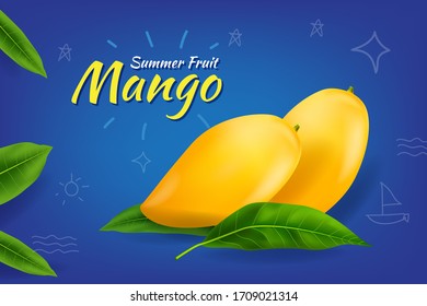 Mango Vector Summer Fruit on Blue Background.