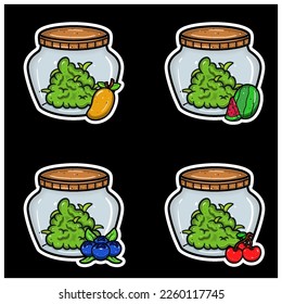 Mango, Watermelon, Blaubeere und Kirschfruchtgeschmack. Set von Unkrautknospen auf Jar mit einfachem Farbverlauf. Vektorgrafik und Illustration.