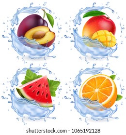 Mango, watermelon, orange, plum in water splash. Fresh fruits realistic vector icon set