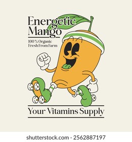 mango wearing roller skates retro cartoon mascot