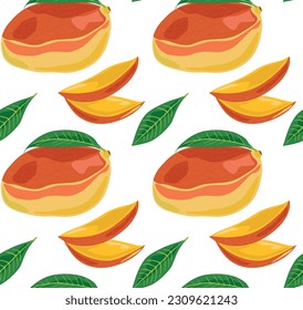 Mango whole and cut into slices. Seamless pattern in vector. Suitable for backgrounds and prints.
