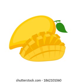 Mango, fruto entero y medio, sobre fondo blanco, ilustración vectorial