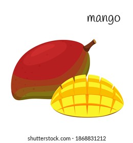 The mango is whole, and the half is nicely diced and turned out. Tropical, exotic fruit icon. Flat design. Color vector illustration isolated on a white background