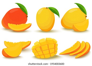 Mango. Whole and pieces. Bright vector set of colorful half, slice and whole mango. Fresh cartoon exotic fruits isolated on white background.