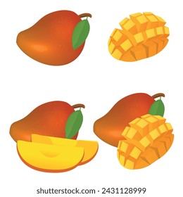 Mango. Entero y en pedazos. Dulce fruta. Conjunto de iconos vectoriales 3d. Ilustración realista