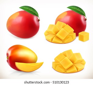 Mango. Whole and pieces. Sweet fruit. 3d vector icons set. Realistic illustration