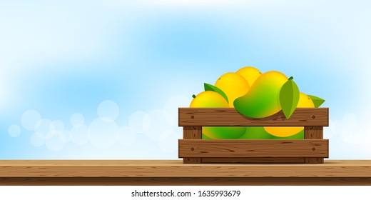 mango in wood crate, wood crate of ripe mango on wooden table, copy space for advertisement sale slogan, mango fruit pack in wooden crate box on wood counter, mango heap in wooden box and banner space