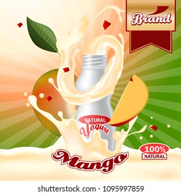 Mango yogurt ads. Splashing scene with package and fruits. Editable mockup.