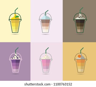 Mango,cappuccino,chocolate,berry,strawberry,orange frappe for takeaway logo template. Vector cold iced drink cup with cream and drinking. Vector isolated flat icon for fast food cafe.Set of drink 