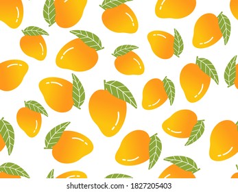 Mangoes with green leaves seamless pattern on white background vector illustration.