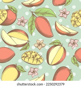 Mangoes Skizze nahtloses Muster. Mango-Sommer-Pflanze handgezeichnete Farbmalerei Hintergrund, Mangoskor Orangenobst Elemente Vintage-Zeichnung Hintergrund Design