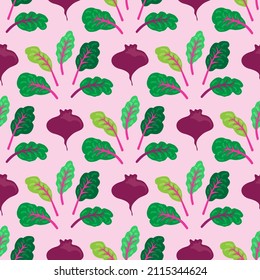 Mangold or swiss chard or beetroot seamless pattern. Lifestyle concept, culinary herb. Design element for fabric, wallpaper, wrapping paper, menu, cooking book.