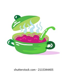 Mangold or swiss chard or deetroot soup with pan. Healthy food nutrition product. Lifestyle concept, culinary herb.  Design element for menu, farm product promotion, healthy food, culinary.