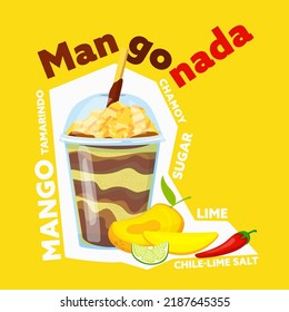 Mangonada, deliciosa salsa de mango mexicano con un sabor muy particular. Afiche de la receta de Hamoyada. Trato perfecto congelado. Comida callejera de México. Ilustración vectorial editable en colores brillantes