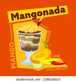 Mangonada, deliciosa salsa de mango mexicano con un sabor muy particular. Afiche de la receta de Hamoyada. Trato perfecto congelado. Comida callejera de México. Ilustración vectorial editable en colores brillantes