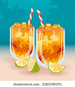 Mangonada, mexican mango smoothie with chamoy sauce chili. Glasses, lime, palm trees. Iced sorbet cocktail. Vector colorful food illustration. summer drinks. for cafes, restaurants, parties, menus