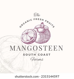 Mangosteen Badge Logo Template. Hand Drawn Fruit Sketch with Retro Typography. Premium Plant Based Vegan Food Emblem. Isolated