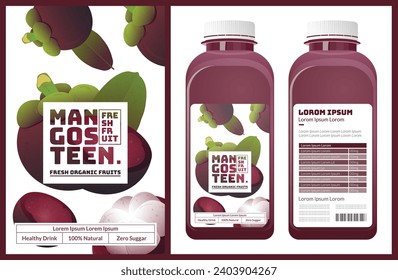 MANGOSTEEN. bottle. packaging of fresh and juicy fruits with juice bottle. Fresh organic product. Text with vector illustration realistic fruits on abase. Template for your product.