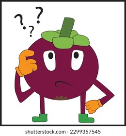 Mangosteen cartoon with confused expression, character design. Flat design mangosteen.