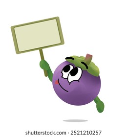 mangosteen cartoon mascot character hold a blank sign board. happy face emoticon. cute fruit concept. plant, nature, or health themes