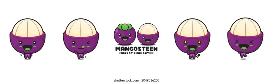 mangosteen cartoon mascot, fruit vector illustration, with different facial expressions and poses, isolated on white background
