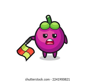 mangosteen character as line judge hold the flag down at a 45 degree angle , cute style design for t shirt, sticker, logo element
