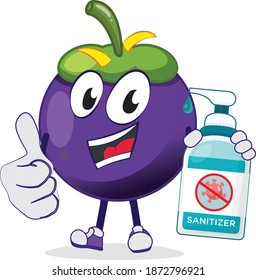 MangoSteen character showing thumbs up with hand sanitizer that can kill germs