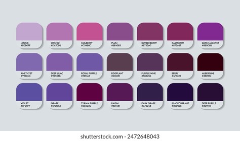 Mangosteen Color Palette, Mangosteen Color Guide Palette with Color Names. Catalog Samples of Mangosteen with RGB HEX codes and Names. Indigo Colors Palette Vector, Fashion trend Purple Color Palette