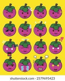 a Mangosteen emoticon set for a sticker design element or emoji project element