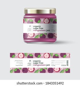 Mangosteen exotic fruit jam label and packaging. Jar with cap with label. White strip with text and on seamless pattern with fruits, flowers and leaves.