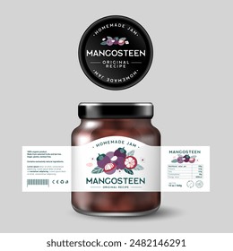 Mangosteen Exotic Fruit Jam. Sweet food. Design of label with flat illustration and texts. Mock up of Glass Jar with Label.