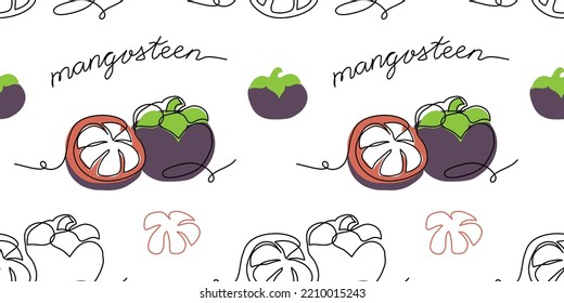 Mangosteen exotic fruit vector pattern. One continuous line art drawing pattern of mangosteen pattern.