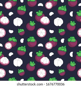 Mangosteen fruit background seamless repeat pattern. Summer colorful tropical textile print. Surface pattern design.
