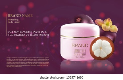 Mangosteen fruit with a bottle of moisturizer. Vector purple