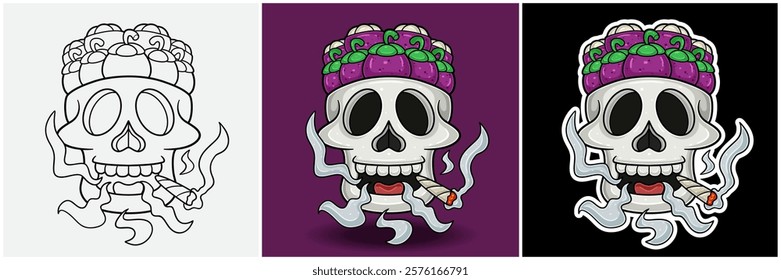 Mangosteen Fruit Inside Skull Head With Smoking Character Cartoon. Black White, Colorful and Sticker Style. For T shirt print, Brand Logo, Label and Mascot product. Vectors Illustrations