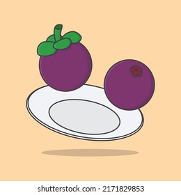 Fruta De Mangosteen En Una Ilustración Del Vector De Caricatura De Placas. Contorno de icono plano de fruta de Mangosteen