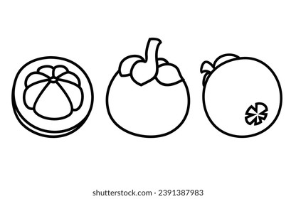 Mangosteen fruit outline icon set isolated on white background.