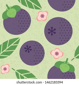 Mangosteen fruit pattern. Juicy fruits leaves and flowers on shabby background.