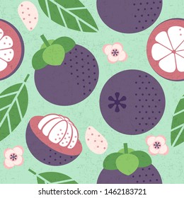 Mangosteen fruit pattern. Juicy fruits leaves and flowers on shabby background. Cut fruit.