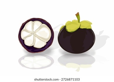 Fruta de mangostán con su reflejo sobre un fondo blanco