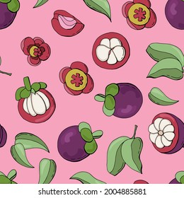 Mangosteen fruit seamless pattern. Design for fabrics, textiles, wallpaper, packaging, cafes.	