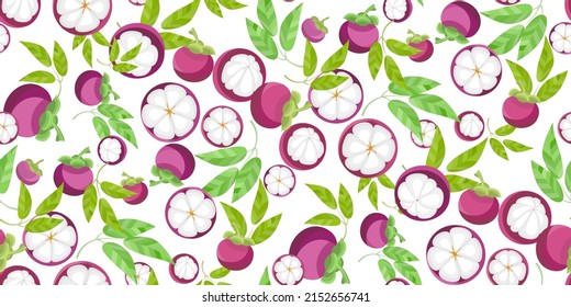 Mangosteen Fruit. Seamless pattern of ripe whole mangosteen, halves and leaves on white. Trend summer design for packaging, fabric, menu, wrapping paper, wallpaper, wall art. Vector illustration