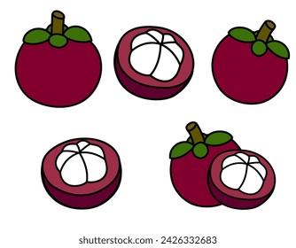 Diseño de elemento de icono de vector de fruta de mangostán. Conjunto de iconos de frutas de mangostán. Elementos de diseño de vectores. Producto, etiqueta, icono, negocio, belleza. Fruta de mangostán color púrpura oscuro en estilo de dibujos animados