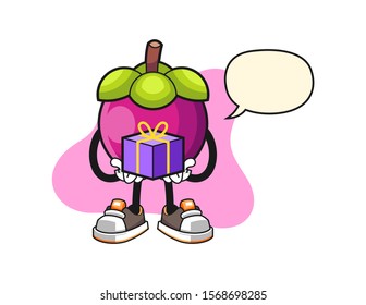 Mangosteen give a gift with speech bubble cartoon. Mascot Character vector.