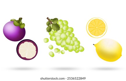 Mangosteen, green grapes, lemon vector. Fruits set isolated on white. Healthy fruits illustration.