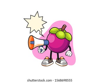 Mangosteen hold megaphone with speech bubble cartoon. Mascot Character vector.