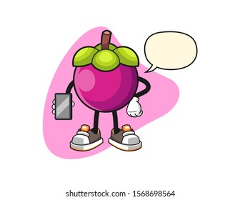 Mangosteen hold smartphone with speech bubble cartoon. Mascot Character vector.